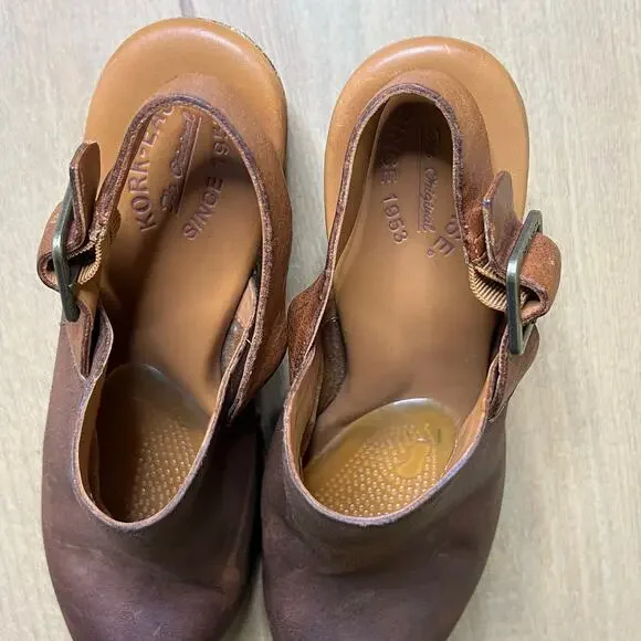 Kork-Ease Leather Platform Clog Heels Womens 9M Brown Slingback Wood Studded - Picture 9 of 16